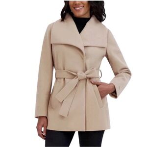 Tahari Women's S Cream Water-Resistant Belted Wrap Coat Snap Closure